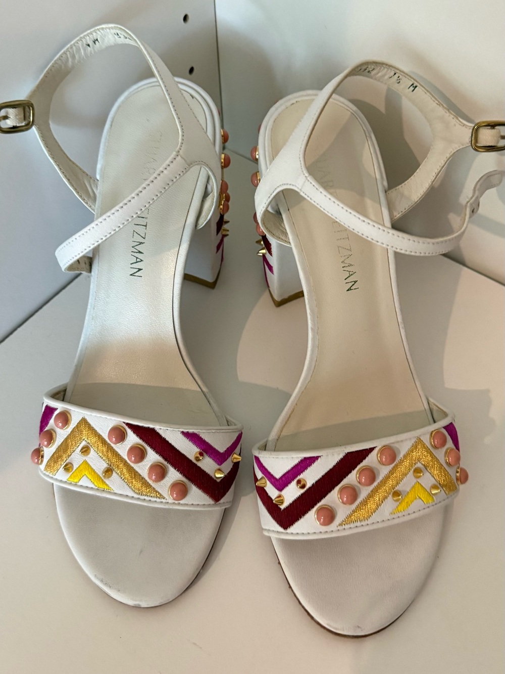 Stuart Weitzman White Embellished stub Leather Block Heel Sandals - White/Multi